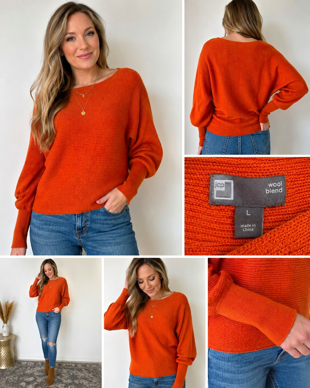 JCP Women’s Wool Blend Sweater Size L Burnt Orange Rust Long Sleeve Knit
